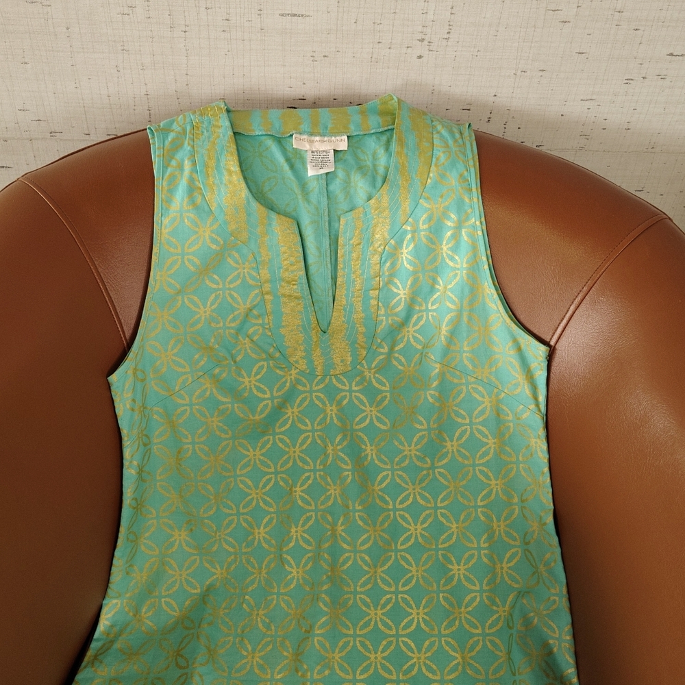 TURQUOISE & GOLD COTTON RESORT BOUTIQUE DRESS WOMEN'S sz M. by CHELSEA GUNN.